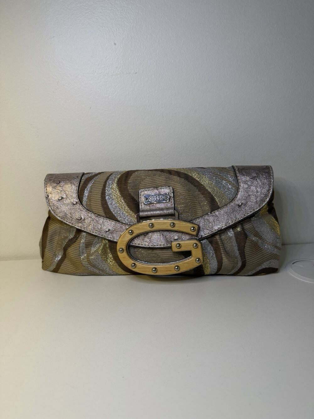 Vintage Guess Brown & Silver Sparkly Clutch Wood Logo Accent Y2K Mini Hand Bag